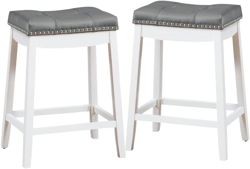 Angel Line Cambridge 24" Padded Saddle Stool, White w/ Gray Cushion, Set of 2