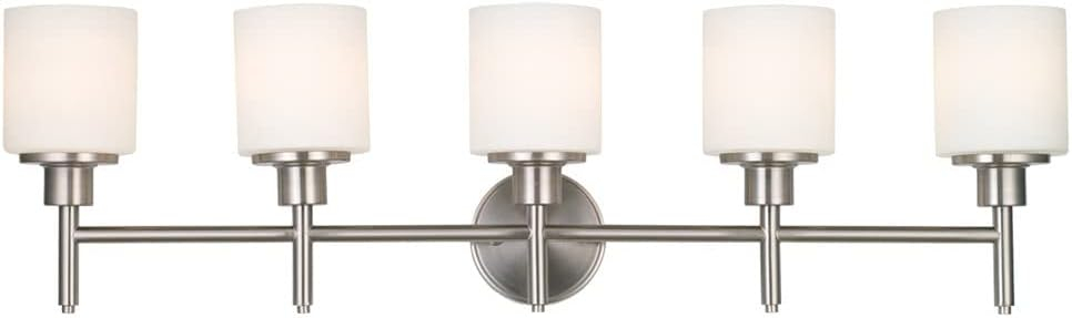 Design House 556225 Aubrey Transitional 5-Light Indoor Bathroom Vanity Light Dimmable Frosted Glass for Over the Mirror, Satin Nickel