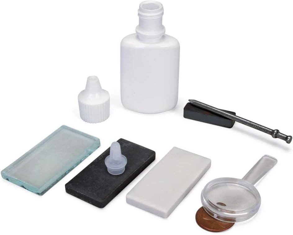 United Scientific Mineral ID Kit - 7 Pieces - Includes Streak Plates, Glass Plate, Dropper Bottle, Magnet, Nail, & Hand Lens - Great for Geology Classrooms & Basic Field Testing