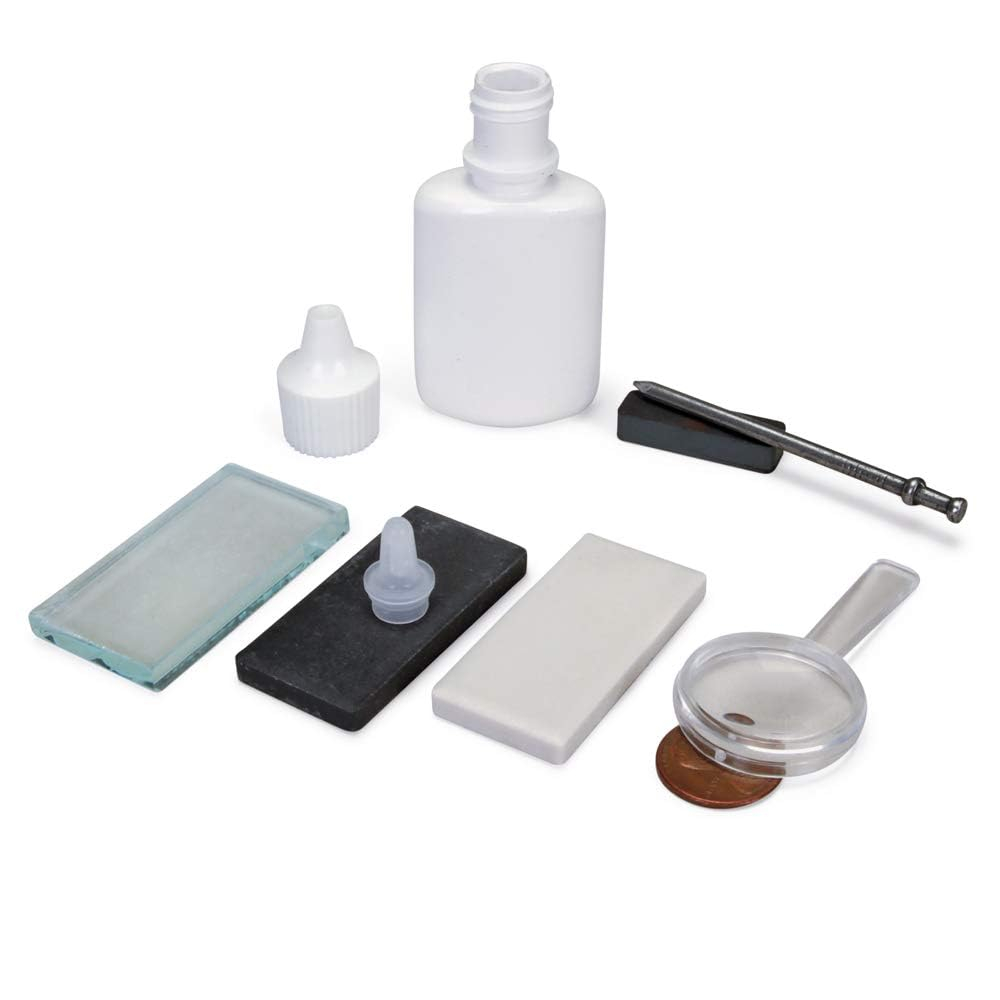 United Scientific Mineral ID Kit - 7 Pieces - Includes Streak Plates, Glass Plate, Dropper Bottle, Magnet, Nail, & Hand Lens - Great for Geology Classrooms & Basic Field Testing