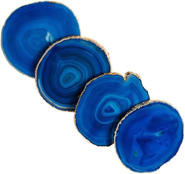 Nature's Decorations Teal Gold Rimmed Agate Stone Coasters - Set of 4, Polished Geode Drink Mats for Dining & Coffee Table & Kitchen Geode Decor Non-Toxic 3.5-4" Diameter