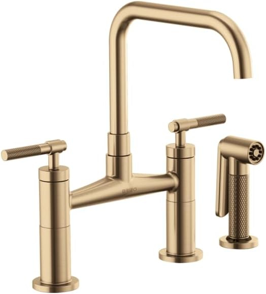 Delta, 62553LF-GL, Litze Double Handle Square Arc Bridge Kitchen Faucet with Knurled Handle, Luxe Gold