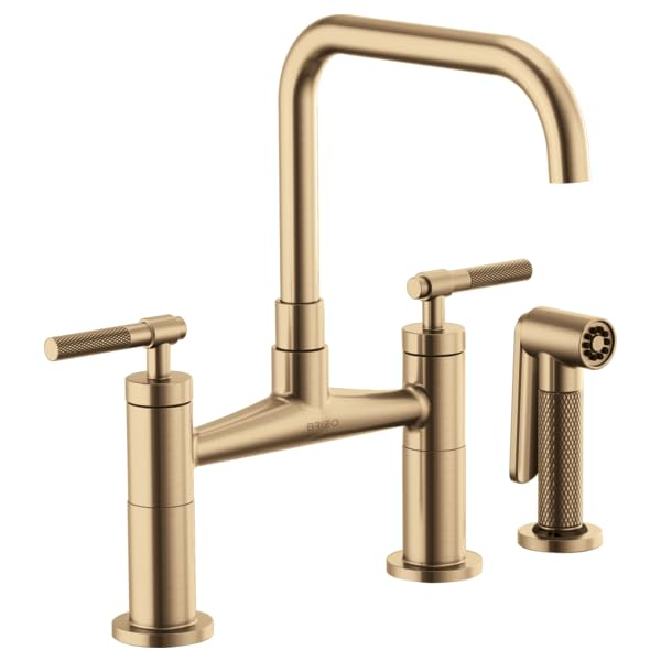 Delta, 62553LF-GL, Litze Double Handle Square Arc Bridge Kitchen Faucet with Knurled Handle, Luxe Gold