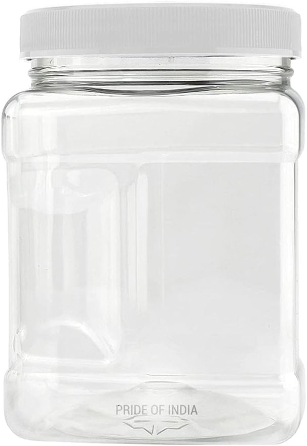 Pride Of India Clear Food Grade PET Plastic Square Grip Storage Jar w/Cap