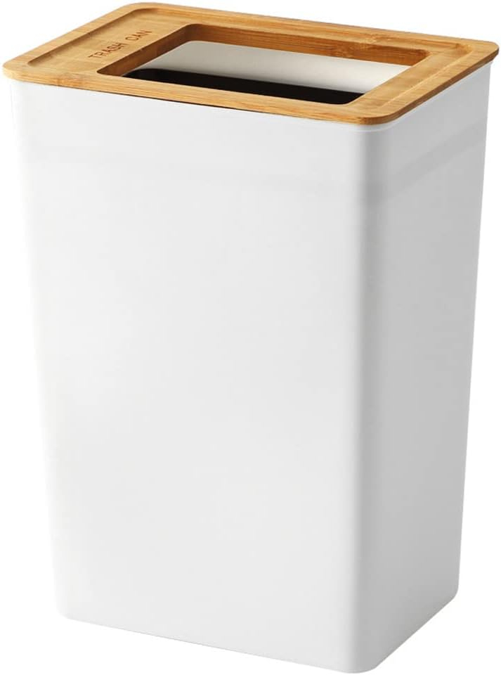 Doyingus Slim Trash Can 2.3 Gal, Small Wastebasket with Bamboo Lid Rectangular Plastic Garbage Can for Bathroom, Bedroom, Kitchen, Office, Living Room