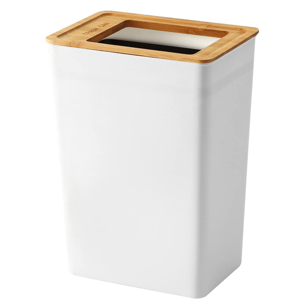 Doyingus Slim Trash Can 2.3 Gal, Small Wastebasket with Bamboo Lid Rectangular Plastic Garbage Can for Bathroom, Bedroom, Kitchen, Office, Living Room