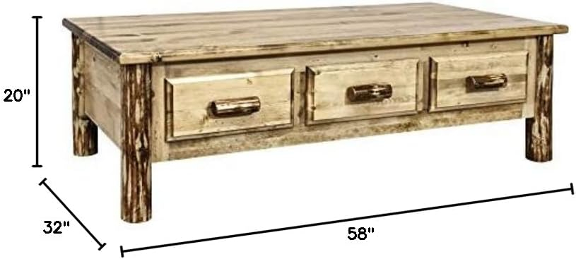 Rustic Pine Solid Wood Rectangular Coffee Table with Storage