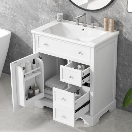 30" White Bathroom Vanity with Single Sink Combo, Modern Undermount Bathroom Sink Cabinet with 2 Drawers and a Tip-Out Drawer, Freestanding Bathroom Vanities, Soft Closing, Solid Wood Frame (New II)