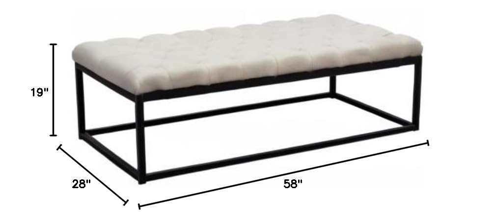 Large Beige Linen Upholstered Bench with Black Metal Base