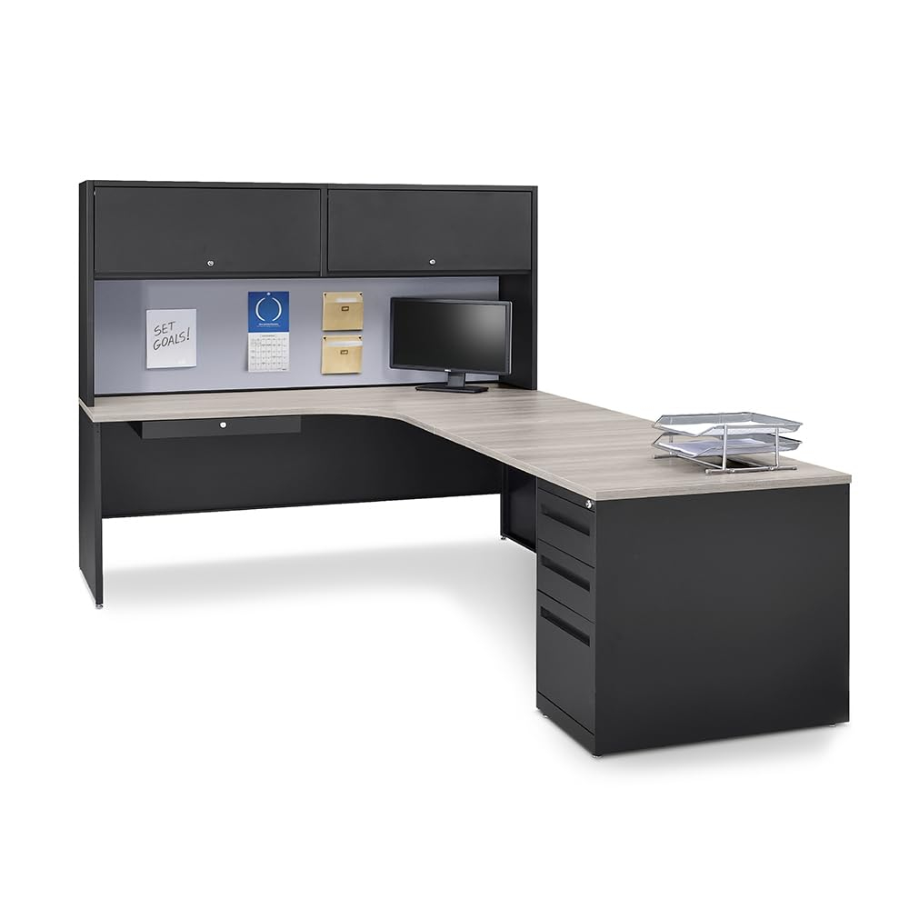 Gray and Black Executive Corner Computer Desk with Hutch and Drawers
