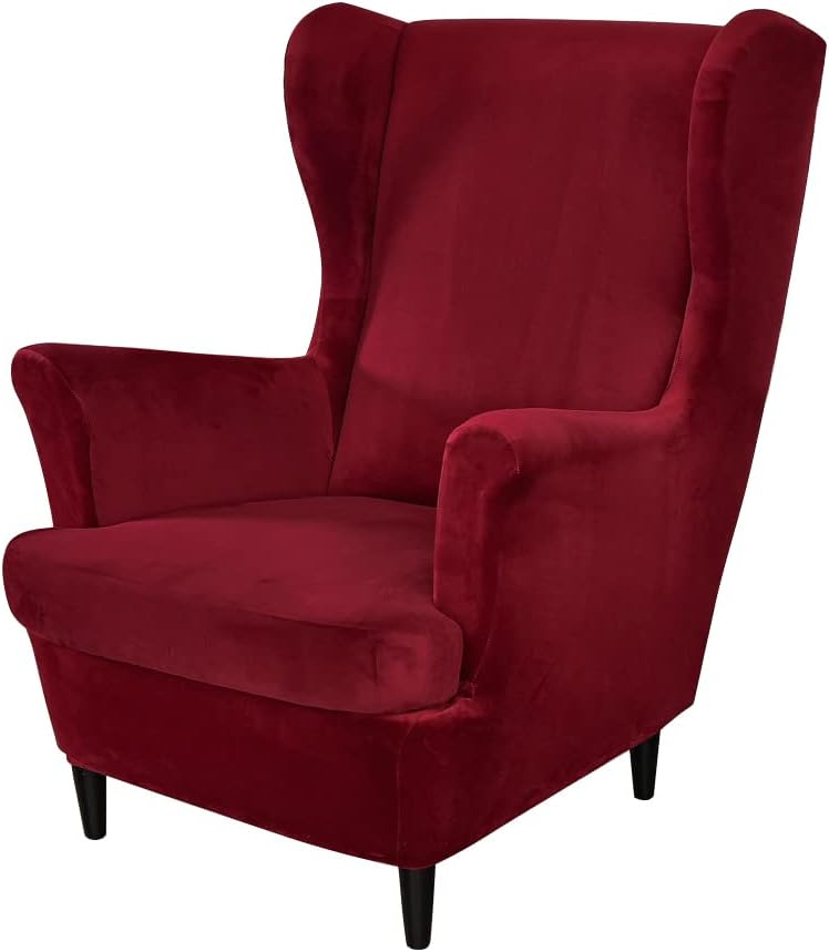 Wing Chair Slipcovers, 2 Piece Stretch Wingback Chair Cover Soft Velvet Armchair Covers with Elastic Bottom for Living Room Bedroom (Wine red)