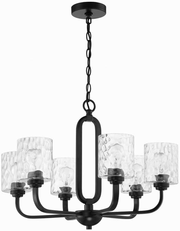Collins 6-Light Flat Black Finish w/Hammered Glass Transitional Chandelier for Kitchen/Dining/Foyer No Bulb Included