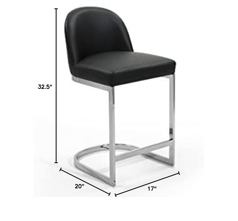Xander Counter Stool Chair PU Leather Upholstered Armless Design Half-Moon Chrome Plated Solid Metal U-Shaped Base Modern Contemporary, Black