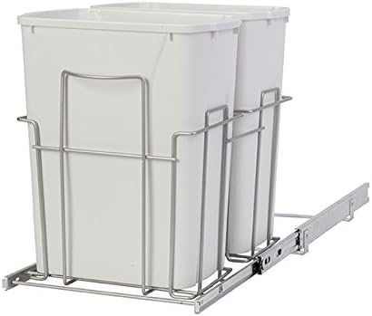 White Plastic Double Trash Can Slide-Out with Satin Nickel Frame