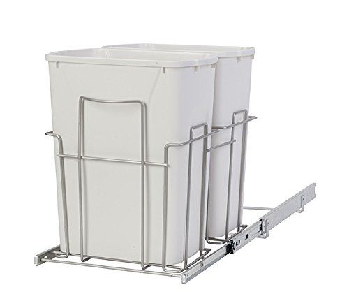 White Plastic Double Trash Can Slide-Out with Satin Nickel Frame