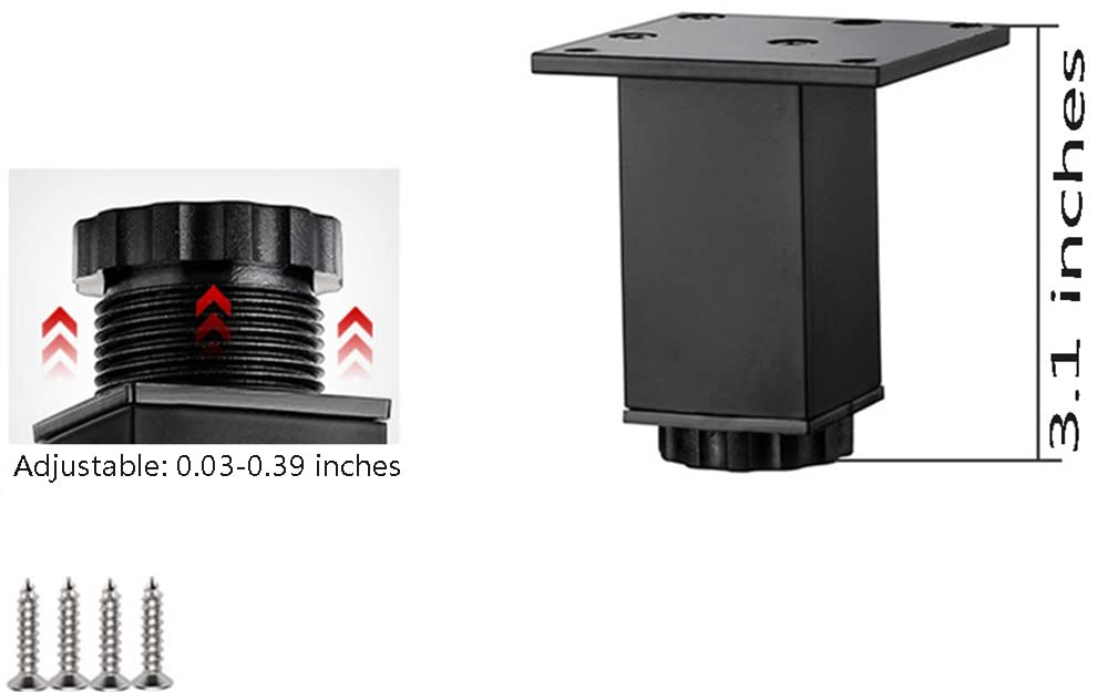 Furniture Cabinet Metal feet Adjustable Stainless Steel Kitchen feet Square Black 3.1x2.7inch, with 16 Screws, (4 pcs)