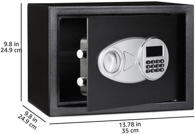 Amazon Basics Steel Security Safe and Lock Box with Electronic Keypad - Secure Cash, Jewelry, ID Documents, 0.5 Cubic Feet, Black, 13.8" W x 9.8" D x 9.8" H