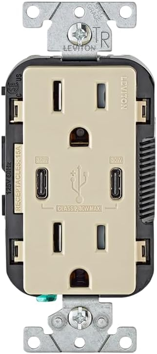 Tamper-Resistant T5635-I 15A 125V 30 watts Tamper-Resistant Duplex Outlet USB Dual Type-C with Power Delivery In-Wall Charger, Ivory
