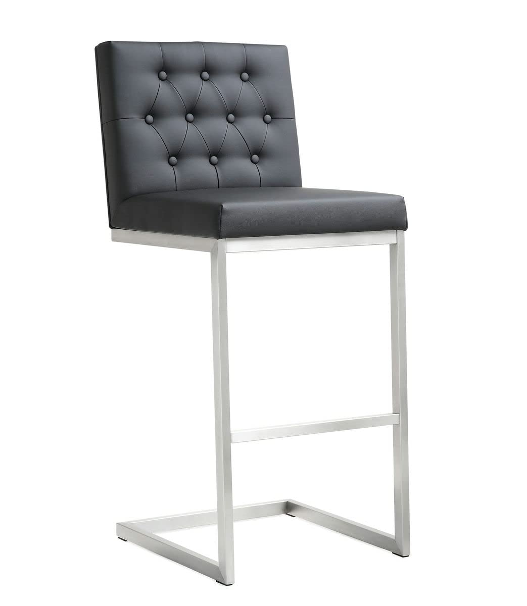 Contemporary Black Leather Swivel Bar Stool with Stainless Steel Base