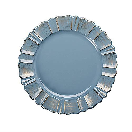 BalsaCircle 6 Dusty Blue Gold 13" Acrylic Wooden Textured Round Scalloped Trim Plastic Charger Plates