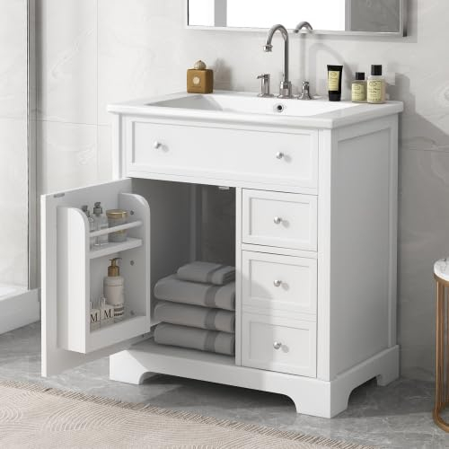 30" White Bathroom Vanity with Single Sink Combo, Modern Undermount Bathroom Sink Cabinet with 2 Drawers and a Tip-Out Drawer, Freestanding Bathroom Vanities, Soft Closing, Solid Wood Frame (New II)