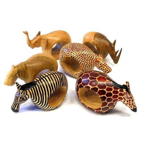 Set of Six Mahogany Wood Animal Napkin Rings Jedando Handicrafts