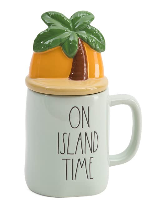 Palm Tree Ceramic Mug with Decorative Lid, Light Sage