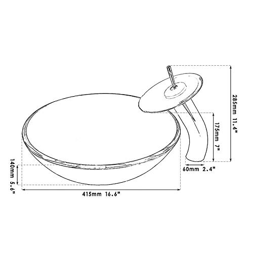 Clear Bathroom Sink Hand Painting Gold Fish Tempered Glass Vessel Sink Basin with Waterfall Faucet and Drain Combo,16"Round Glass Bowl Sink Above Counter Clear Bathroom Vessel Sink Set