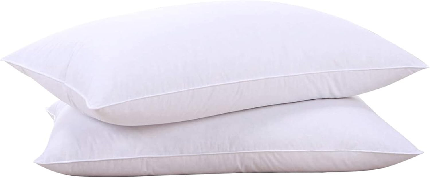 puredown® Goose Feathers Bed Pillows, 100% Cotton Cover, Queen Size Hotel Collection Pillows Set of 2 for Sleeping with Silver Piping, Feather and Polyester Filling