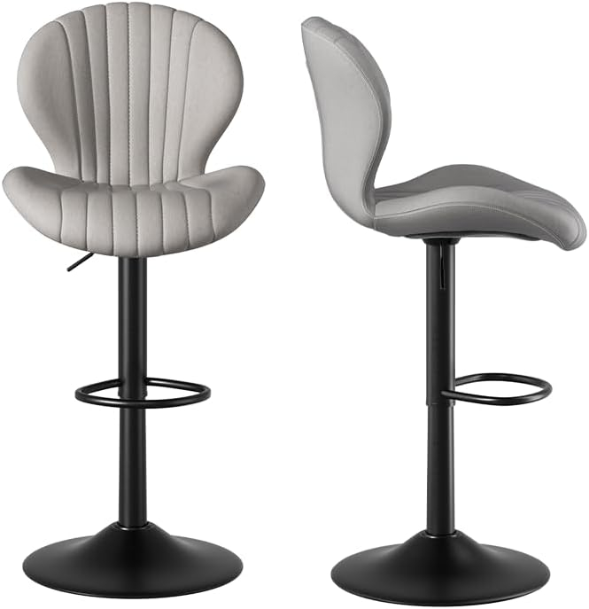 FLYSKY Bar Stools Set of 2 -Faux PU Leather Bar Chairs with Back, Adjustable Swivel Bar Stool, Light Gray
