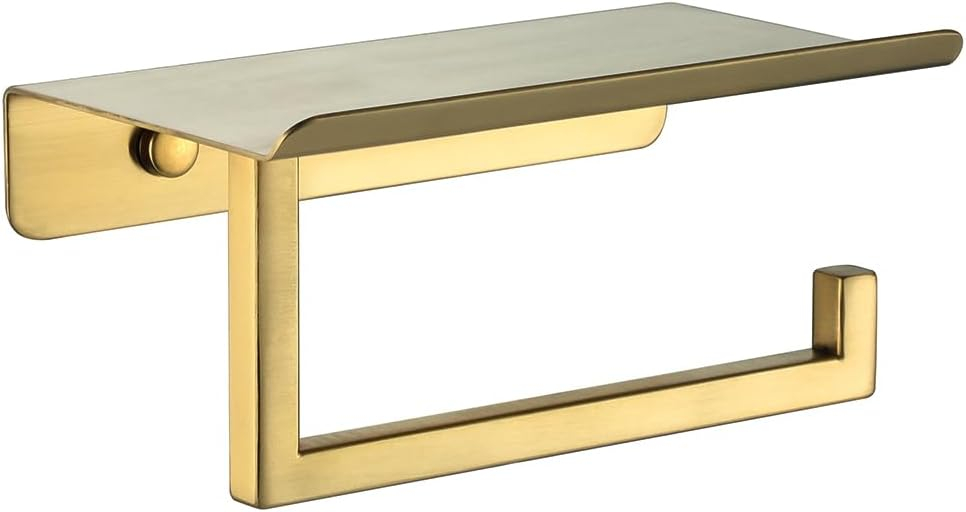 JQK Toilet Paper Holder Shelf, Bathroom Tissue Roll Holder with Phone Shelf, 5 Inch 304 Stainless Steel Tissue Paper Dispenser, Brushed Gold Finished Wall Mount, TPH202-BG
