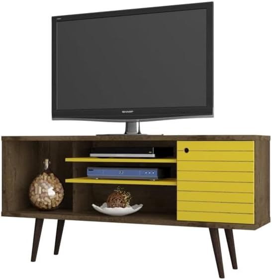 Liberty 53.14" Mid Century - Modern TV Stand with 5 Shelves & 1 Door with Solid Wood Legs, Brown, Yellow