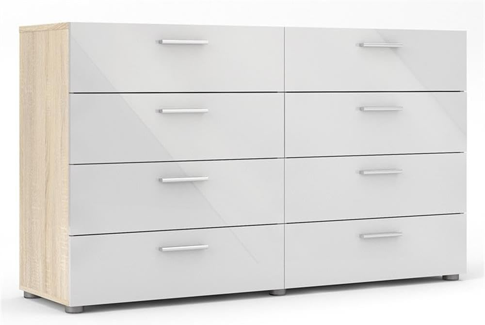 Tvilum Loft 8 Drawer Double Dresser for Adults, Oak Structure and White High Gloss
