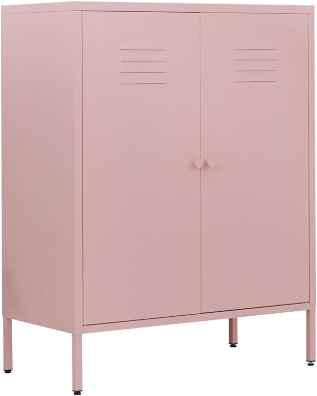 2 Door Metal Accent Storage Cabinet for Bedroom, Bedside, Office Room-Metal Locker Cabinet with 2 Adjustable Shelves (Pink)