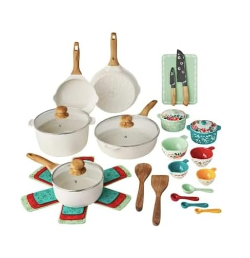 The Pioneer Woman Prairie Signature 30-Piece Cast Aluminum Cookware Set, Linen Speckle
