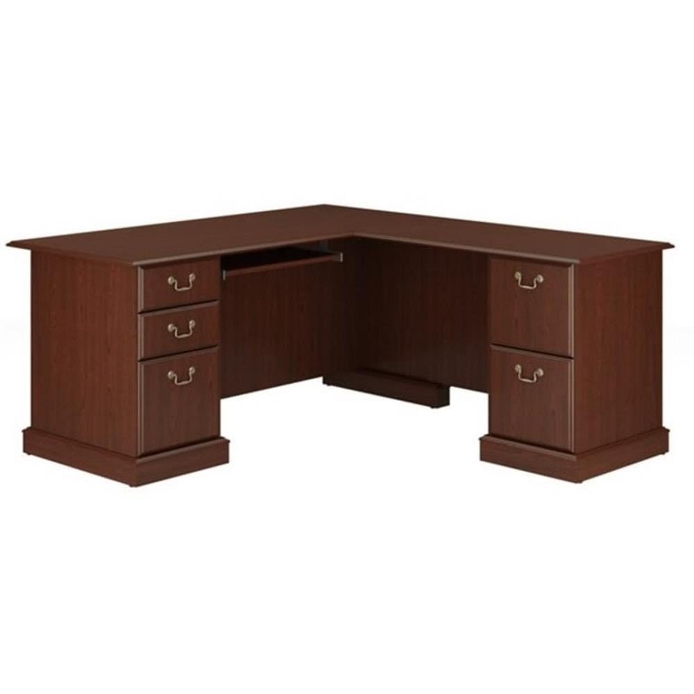 Bush Furniture Saratoga L Shaped Computer Desk with Drawers and Storage | Large Corner Office Table for Workspace, 66W, Harvest Cherry
