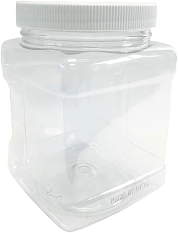Pride Of India Clear Food Grade PET Plastic Square Grip Storage Jar w/Cap