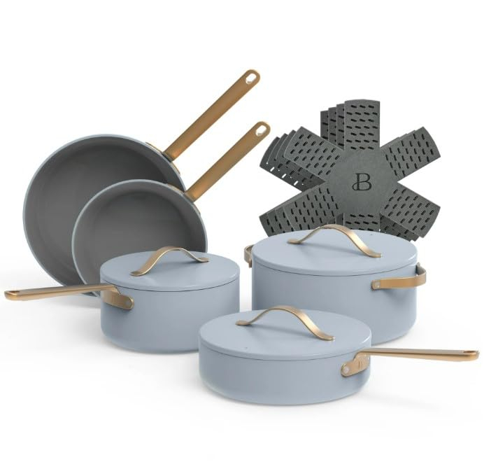 Beautiful 12pc Ceramic Non-Stick Cookware Set, Sage Green by Drew Barrymore