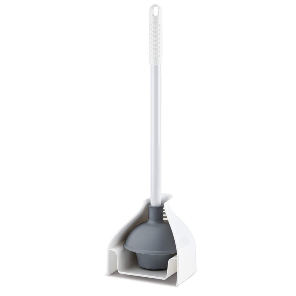 Gray and White Rubber Toilet Plunger with Steel Handle and Caddy