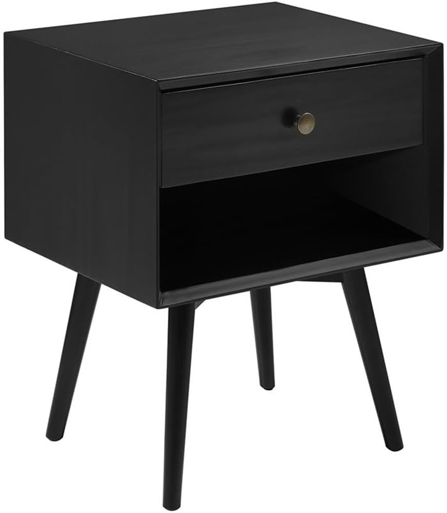 Mid-Century Modern Black Pine Wood 1-Drawer Nightstand