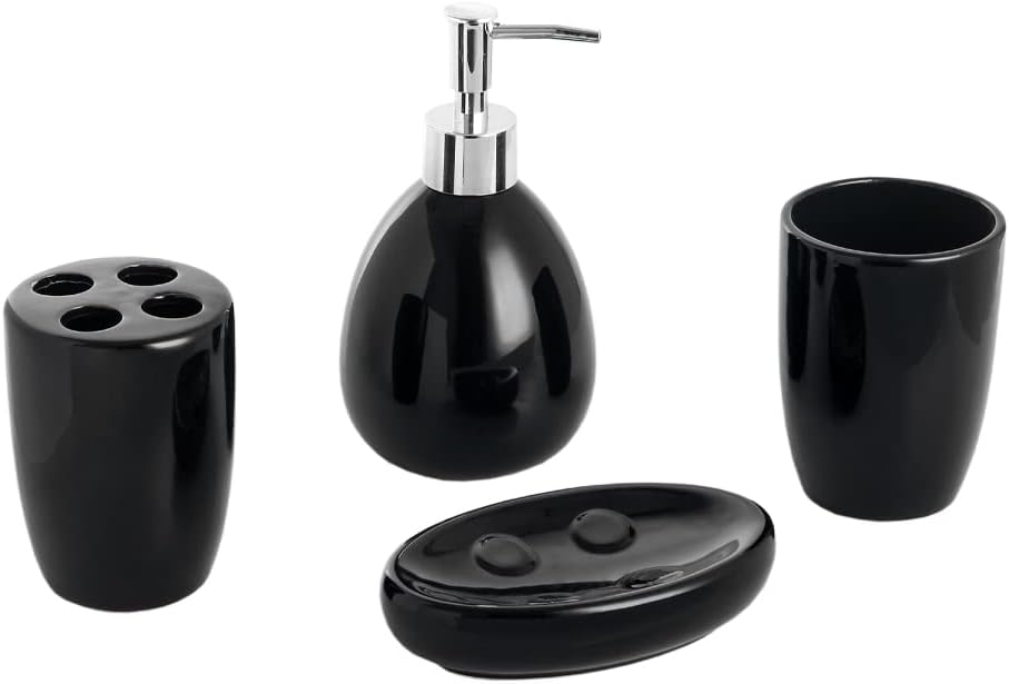 Home Basics 4 Piece Solid Print Ceramic Bath Accessories Sets, Black