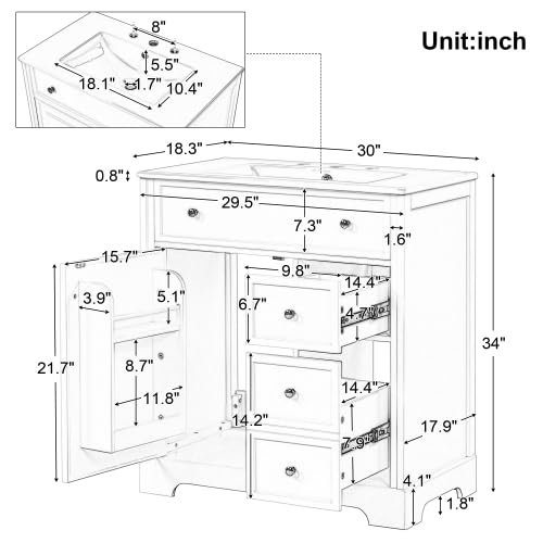 30" White Bathroom Vanity with Single Sink Combo, Modern Undermount Bathroom Sink Cabinet with 2 Drawers and a Tip-Out Drawer, Freestanding Bathroom Vanities, Soft Closing, Solid Wood Frame (New II)