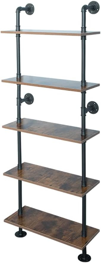 5 Shelf Industrial Pipe Shelving, Black Modern Bookcase Bookshelf, Wall Mount Ladder Shelf with Metal Frame Display Selves