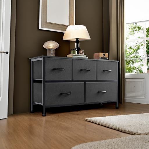 Sweetcrispy Dresser for Bedroom, Wide Chest of Drawers, Fabric Dresser Organizer with 5 Drawers, TV Stand, Storage Organizer Unit with Fabric Bins for Closet, Living Room, Hallway