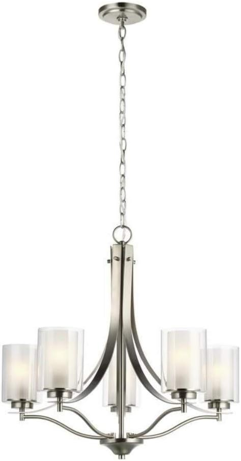 Elmwood 5-Light Brushed Nickel Modern Transitional Hanging Candlestick Chandelier with Satin Etched Glass Shades