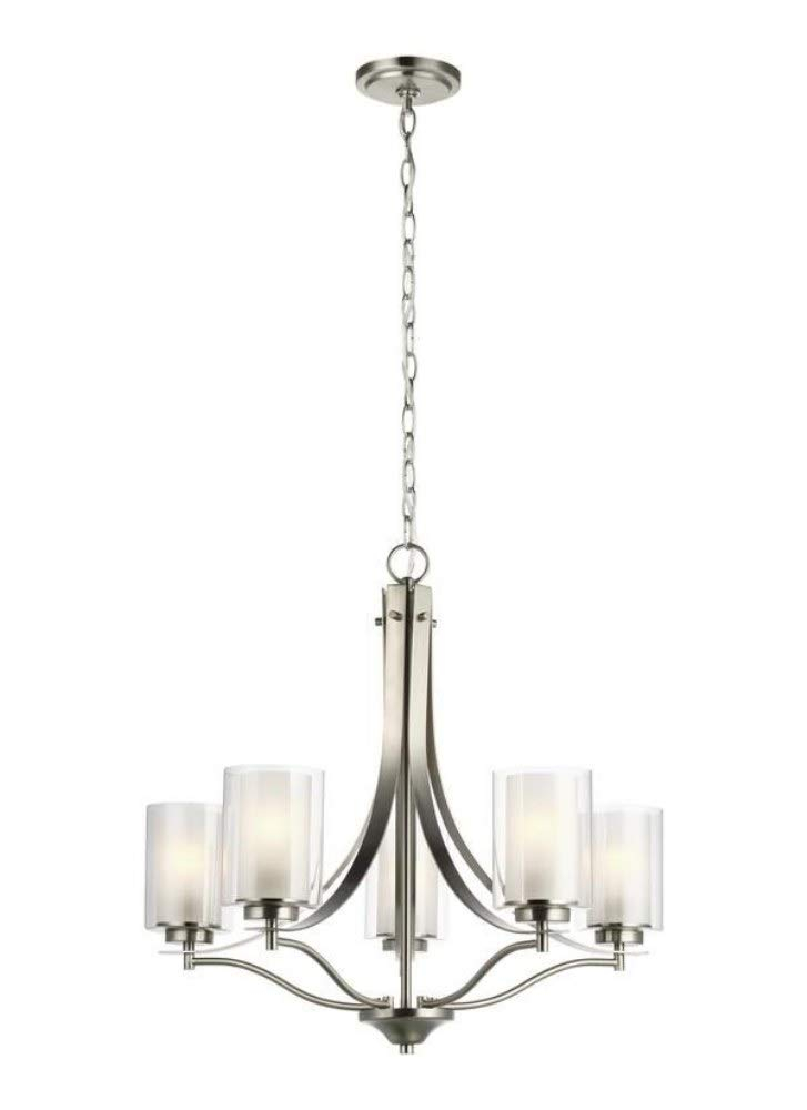 Elmwood 5-Light Brushed Nickel Modern Transitional Hanging Candlestick Chandelier with Satin Etched Glass Shades