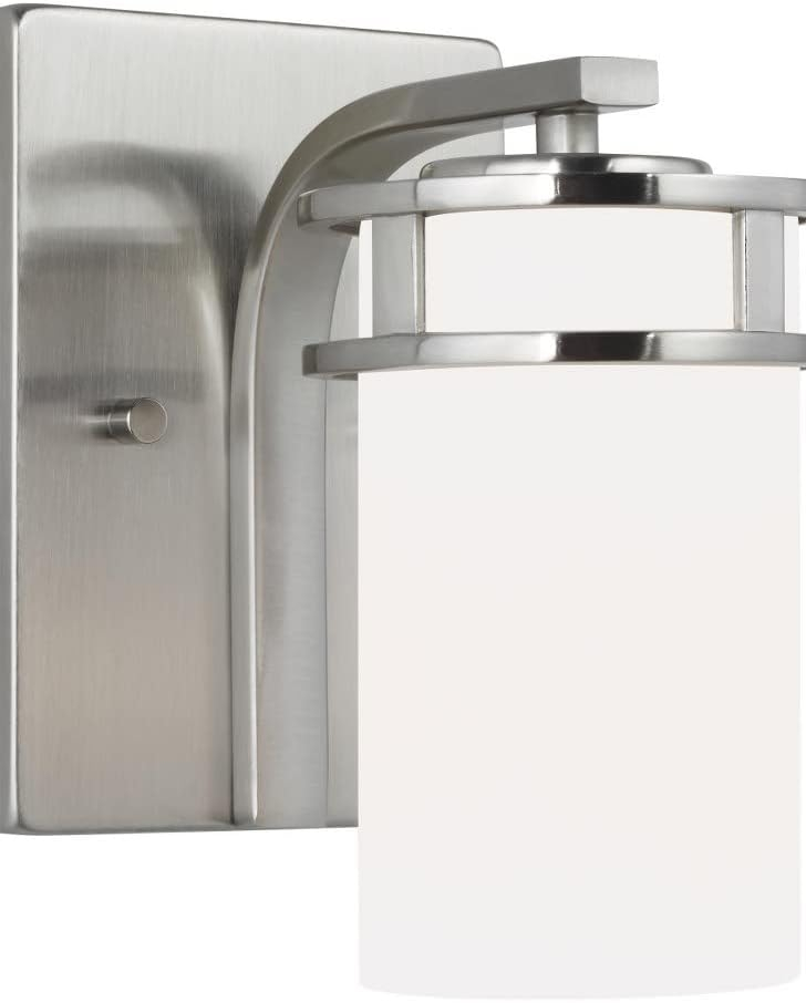Generation Lighting 4121601-112 Robie Etched/White Glass Cylinder Wall Sconce Lighting Fixture, 1-Light 75 Watt, 8" H x 5" W, Midnight Black