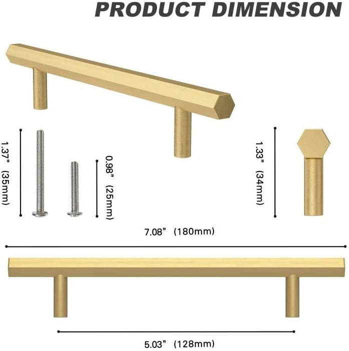 RZDEAL 4 Pcs 5 Inch Solid Brass Pull Kitchen Cabinet Handles Brushed Gold Decorative Contemporary Hexagon Bar Cabinet Pulls (Hole Centers:5.0"(128mm))