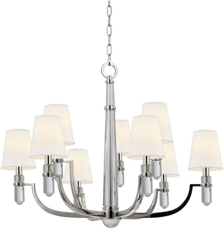 Polished Nickel and Crystal 9-Light Chandelier with Faux Silk Shades