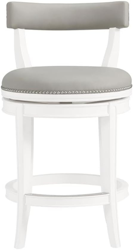 Hanover Swivel Counter Height Bar Stool, 26-Inch Seat Height, White and Gray, Solid Rubberwood Frame with Faux Leather Upholstery, Nailhead Trim, Memory Return Swivel Mechanism